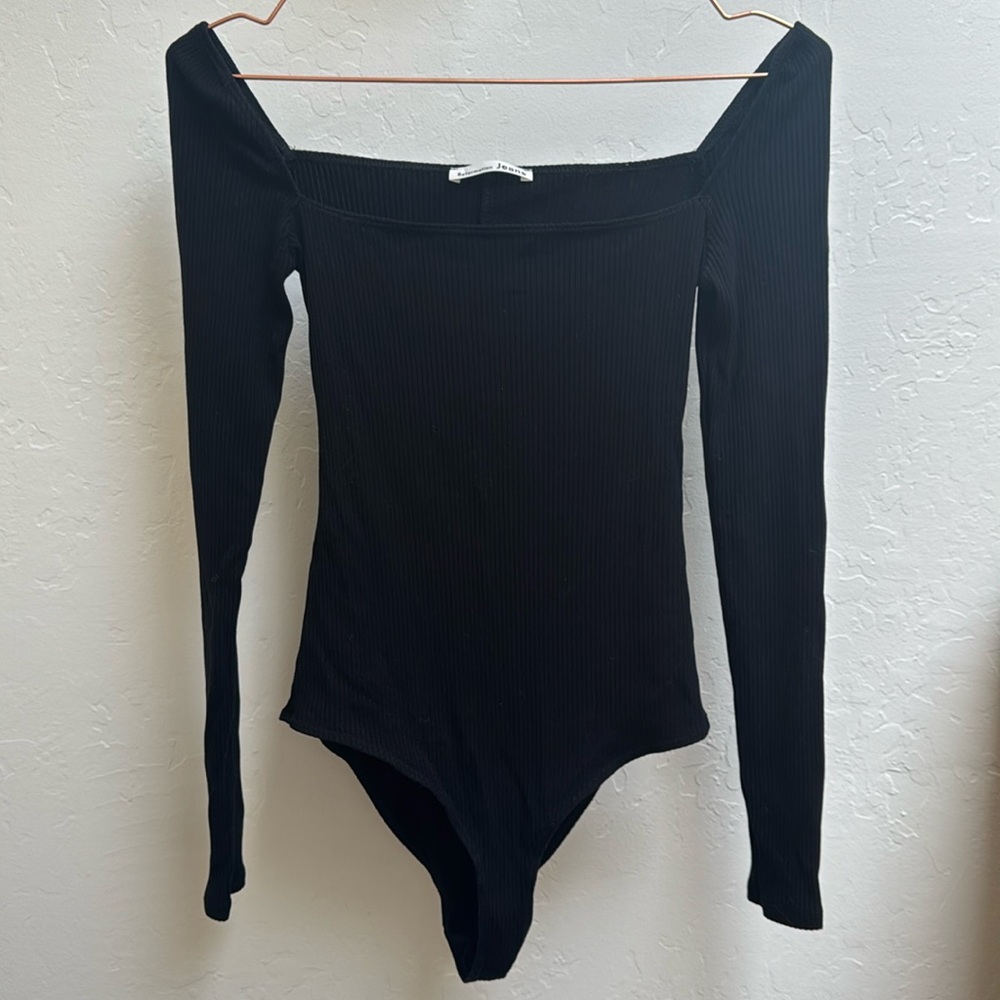 Reformation jeans black ribbed cotton square neck bodysuit small like new